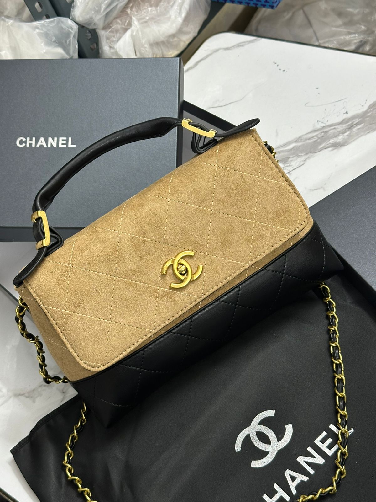 CHANEL COCO BASE SWEDE/QUILTED HANDBAG