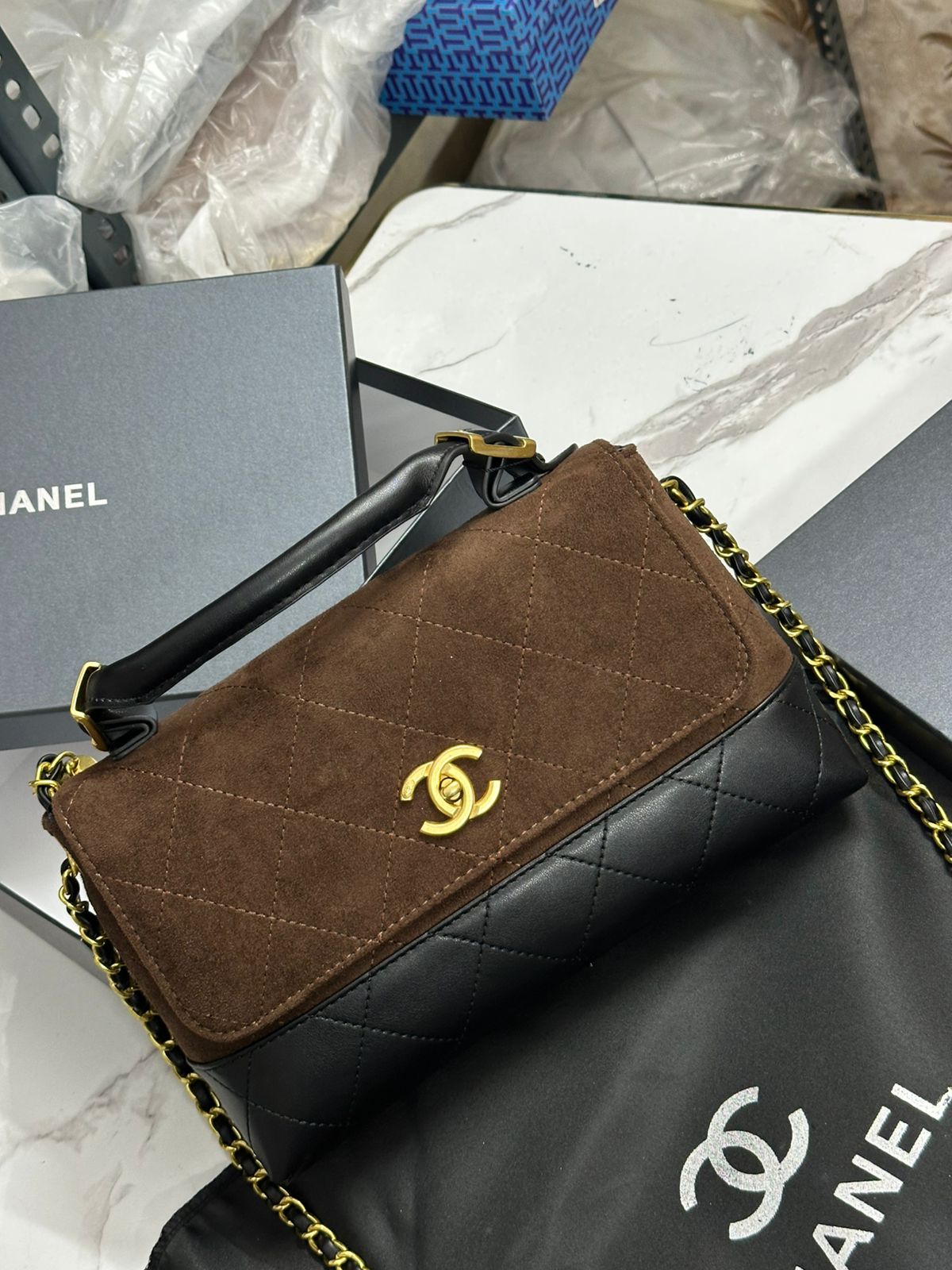 CHANEL COCO BASE SWEDE/QUILTED HANDBAG